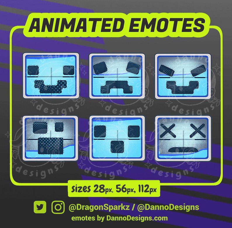 May include: A digital graphic featuring six animated emotes with pixelated faces in a blue square frame. The text "ANIMATED EMOTES" is at the top. The bottom of the image shows the sizes: 28px, 56px, 112px.