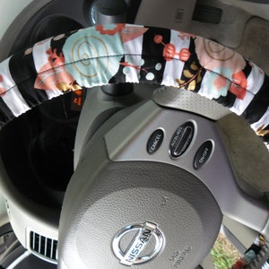 Floral Steering Wheel Cover: Black and White Stripes, Teal and Coral Flowers
