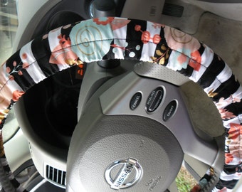 Floral Steering Wheel Cover: Black and White Stripes, Teal and Coral Flowers
