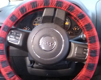 Buffalo Red and Black Checked Flannel Steering Wheel Cover for Christmas, Women Gift, Wheel Cover