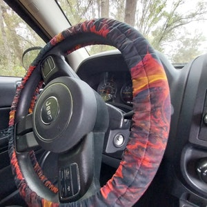 Red Orange Black Steering Wheel Cover: Cotton Fabric, Fits 14-15&quot; Wheel