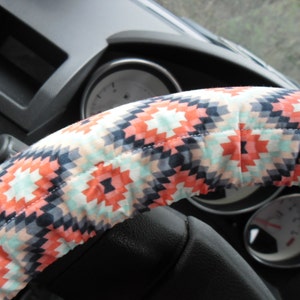 Aztec Print Steering Wheel Cover: Coral, Teal, Gray, and Black