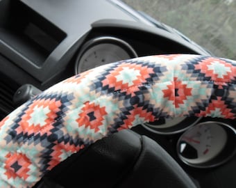 Aztec Coral, black, gray, teal, and white Steering Wheel Cover, Women Gift, Birthday, Car Accessory,Wheel Cover