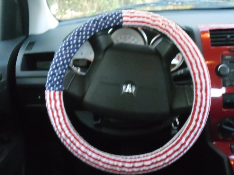 American flag, red, white, and blue steering wheel cover, Patriotic wheel cover for women, gift image 3