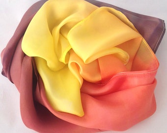 Natural silk scarf in gradient ocher tones, gradients from brown to yellow, hand-painted a gift for Valentine's Day