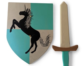 Wooden sword and shield Set- Knight Costume - Wooden sword - Wooden shield  - Pretend play - Unicorn Shield- Super Hero