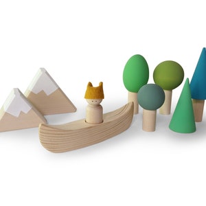 Canoe Adventure Playset - peg doll play set - wooden canoe for peg doll - Wooden boat - Woodland tree play set - wooden toy boat