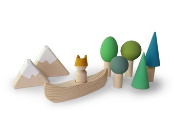 Canoe Adventure Playset - peg doll play set - wooden canoe for peg doll - Wooden boat - Woodland tree play set - wooden toy boat
