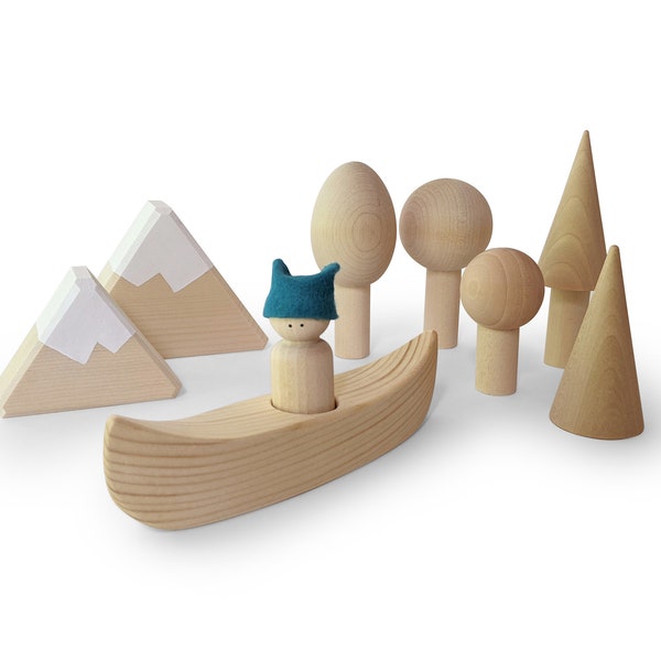 Canoe Adventure play set - peg doll play set - wooden canoe for peg doll - Wooden boat - Woodland tree play set - wooden toy boat