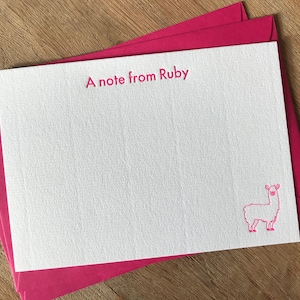 Personalisierte Briefpapier Set - Lama-Motiv, rosa, Buchdruck gedruckt E-Karten, Geschenk für Mädchen, Dankeschön-Karten, Kinder Briefpapier