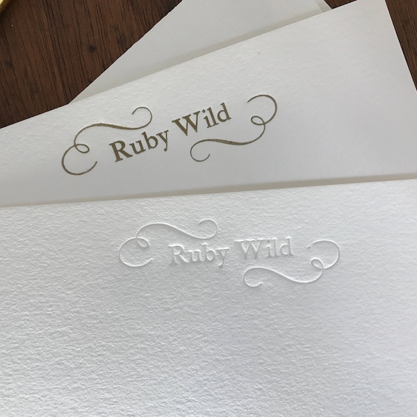 Personalised letterpress stationery, handprinted correspondence cards, luxury cotton card, gold ink or inkless, gift box set with envelopes