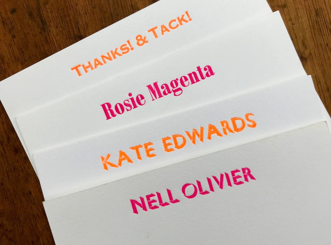 Fluorescent Personalised Note Cards - Letterpress Printed Neon Pink or ...