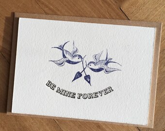 Personalised Valentine&#39;s, wedding, anniversary card - letterpress printed with love birds illustration, add names, date or message below