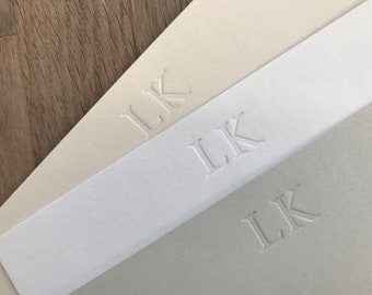 Personalised correspondence cards - initials, letterpress printed, inkless impression, monogram, white, pink, grey, printed envelope, gift