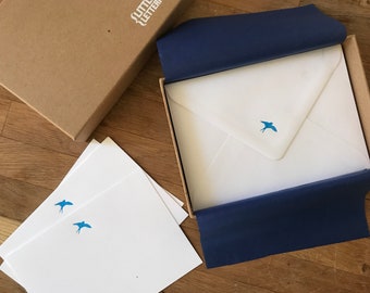 Blue bird correspondence card set - letterpress printed notecards with swallow motif, printed envelopes, gift box