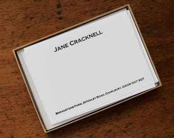 Custom stationery set - letterpress printed correspondence cards, writing paper, notecards, name, address, Copperplate font, gift set