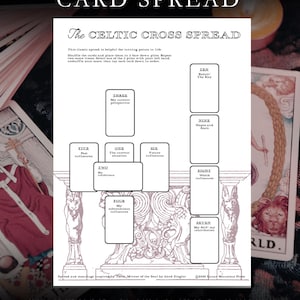 Può includere: Un layout stampabile della stesa della Croce Celtica dei tarocchi. Il design presenta un'illustrazione dettagliata con posizioni etichettate per il posizionamento delle carte, tra cui "Influenze passate" e "Influenze future". Il testo recita "BEAUTIFUL, EASY CARD LAYOUTS US LETTER & A5 PRINTABLE PAGES."