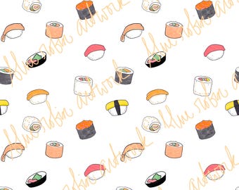Könnte beinhalten: Ein weißer Hintergrund mit einem sich wiederholenden Muster aus verschiedenen Sushi-Rollen. Die Sushi-Rollen sind im Cartoon-Stil gezeichnet und beinhalten Lachs, Thunfisch, Gurke und Avocado.