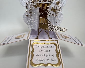 Biglietto di auguri personalizzato fatto a mano con cuori dorati, congratulazioni, matrimonio e fidanzamento