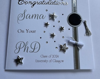 Biglietto di auguri di laurea e dottorato personalizzato fatto a mano, per uomo e donna, unisex