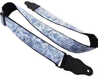 Light blue guitar strap with white stylized flowers. Paisley motives. Electric guitar strap, Acoustic guitar strap, Flamenco guitar strap.
