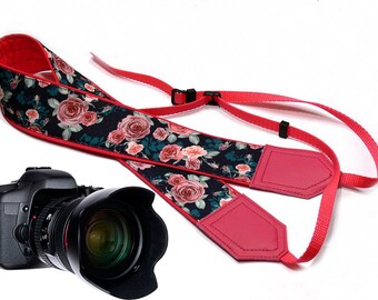 Flowers Camera strap.  Roses camera strap.  DSLR/ SLR Camera Strap. Camera accessories. Red and Pink camera strap by InTePro