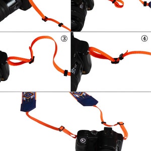 May include: A close-up of a camera strap with a blue and orange patterned design. The strap is shown in four different positions, demonstrating how to attach it to a camera.