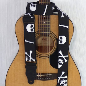 Guitar Strap Skulls and Crossbones. Black and White. Handcrafted Straps for Guitars. Padded & Adjustable Straps for Stringed Instruments.