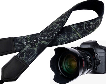 Personalized World Map Camera strap. Black and light lime map neck camera strap. North America, Europe and Asia. Birthday gift.