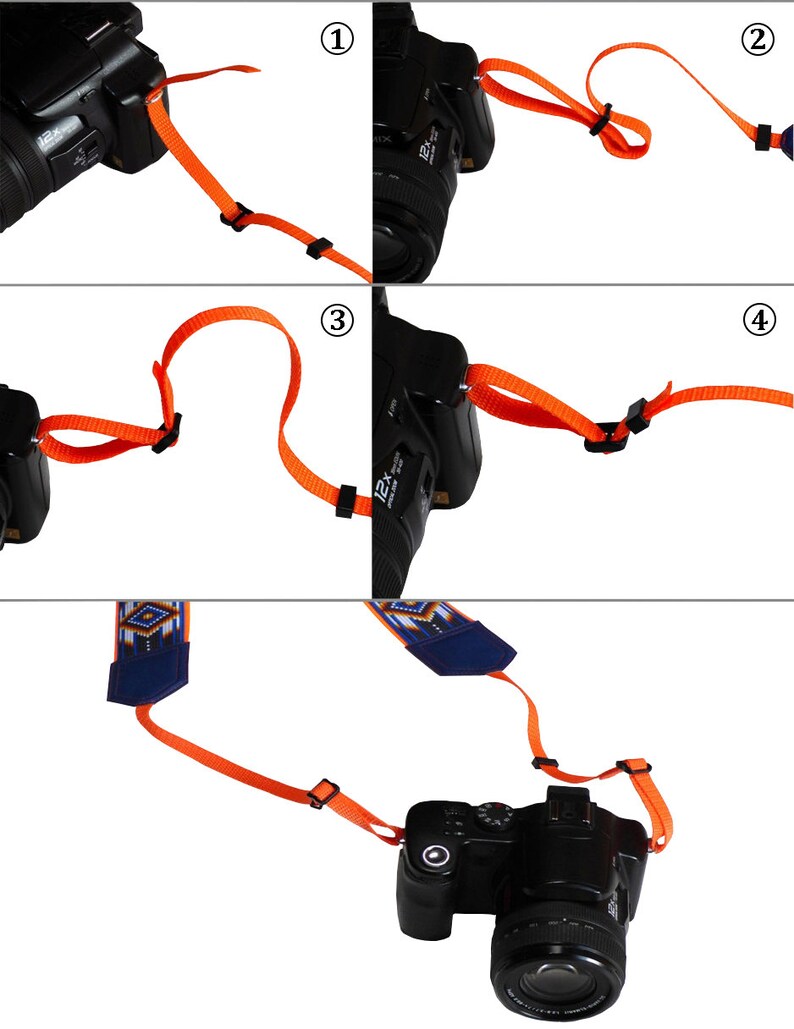 May include: A close-up of a camera strap with a blue and orange patterned design. The strap is shown in four different positions, demonstrating how to attach it to a camera.