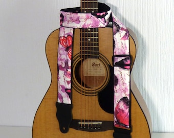 Butterflies Guitar Strap. Bright. Pink. White. Black. Adjustable Music Instrument Strap. Acoustic Guitar Strap. Electric Guitar Strap.