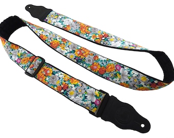 Guitar strap with flowers. Orange, white, green adjustable music instrument strap for all types of guitars. Handmade, with real leather ends