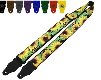 Sunflower Guitar Strap - Adjustable, Comfortable, Durable with Genuine Leather Ends