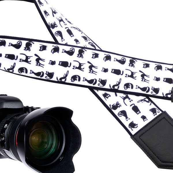Black cat design camera strap Best gift for travelers and photographers. Photo accessory - well padded and designed for long term use.