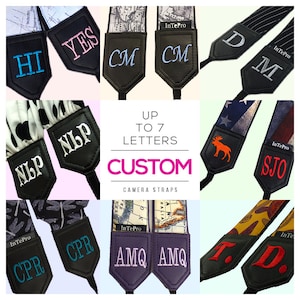 May include: A collage of nine images showcasing customizable camera straps with various patterns and colors. Each strap features a personalized embroidered name or initials, such as "HI", "YES", "CM", "D", "NLP", "SJO", "CPR", "AMQ", and "T.D.". The text "UP TO 7 LETTERS CUSTOM CAMERA STRAPS" is displayed in the center.