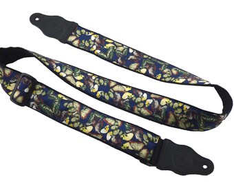 Guitar strap. Silky butterflies strap. Yellow and dark blue. Adjustable music instrument strap with leather ends for beautiful musicians