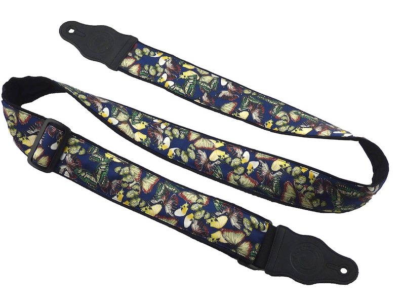 Guitar Strap. Silky Butterflies Strap. Yellow and Dark Blue. Adjustable