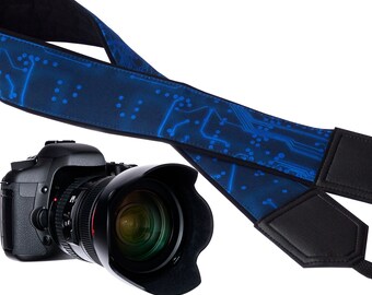 InTePro camera strap for DSLR and SLR cameras. Microscheme design. Blue Circuit board Camera Strap.
