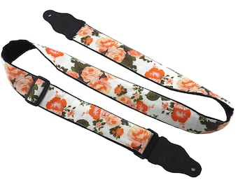 Cinghia per chitarra Roses. Rose arancioni inglesi. Cinturino per chitarra Girly per tutti i tipi di chitarre. Regolabile, ben imbottito e leggero.