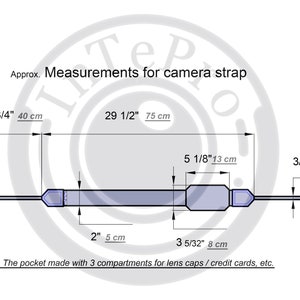May include: Diagram showing the measurements of a camera strap with a pocket. The strap is 29 1/2 inches (75 cm) long and has a 5 1/8 inch (13 cm) pocket. The pocket is made with 3 compartments for lens caps or credit cards.