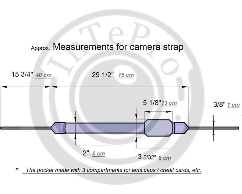 May include: Diagram showing the measurements of a camera strap with a pocket. The strap is 29 1/2 inches (75 cm) long and has a 5 1/8 inch (13 cm) pocket. The pocket is made with 3 compartments for lens caps or credit cards.