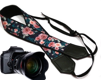 Roses Camera strap.  Flowers camera strap.  DSLR /SLR Camera Strap. Camera accessories. Black, Teal, Pink camera strap by InTePro