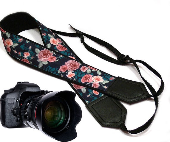 Roses Camera strap.  Flowers camera strap.  DSLR /SLR Camera Strap. Camera accessories. Black, Teal, Pink camera strap by InTePro