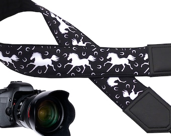 Camera strap with white horses design. Best gift accessory for horses lovers. Animal design. Black strap for dslr, mirrorles camera