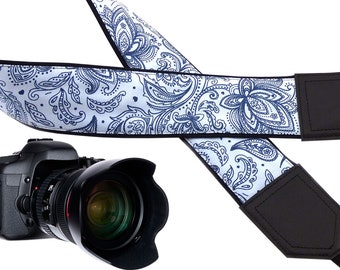 InTePro Camera strap with blue and white Ornaments. Abstract flowers. Paisley. Crossbody strap for DSLR / SLR and mirrorless cameras.
