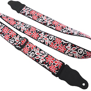 Guitar strap with stylized flowers. Black, white, red. Guitar strap for guitar, bass guitar & more, elegant guitar gift for musician.