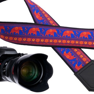 Personalized Camera strap with Lucky Elephant design for DSLR and SLR cameras. Photography equipment with personalization.
