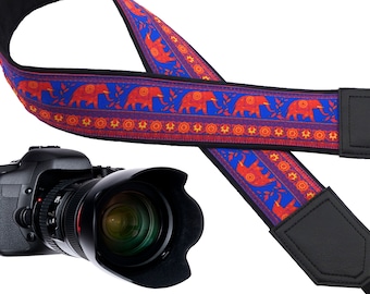 Personalized Camera strap with Lucky Elephant design for DSLR and SLR cameras. Photography equipment with personalization.