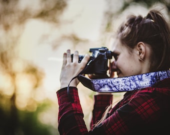 Camera Strap with blue World map design. Cool gifts for travelers and photographers by InTePro