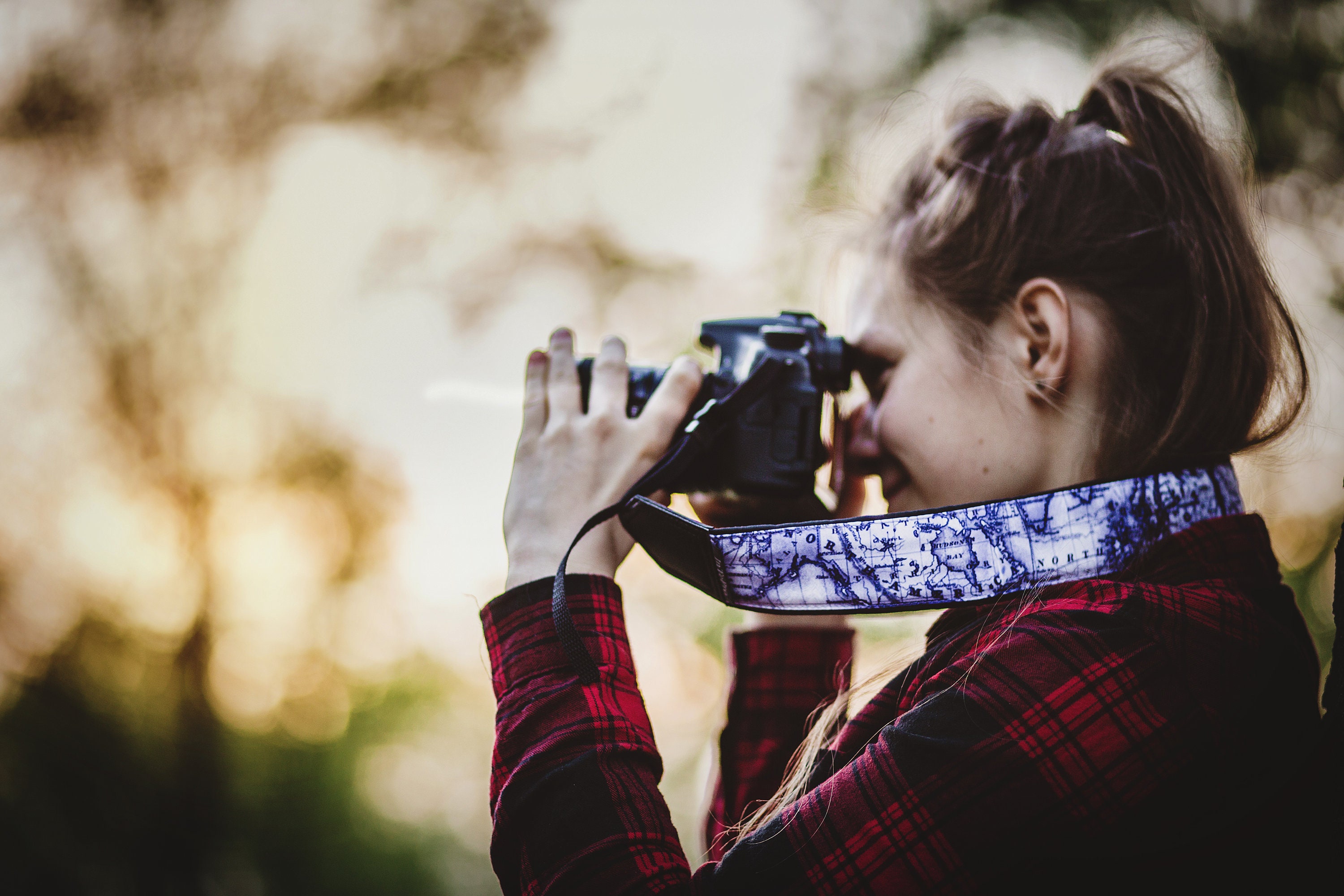 Personalized Camera Strap with blue World map design. Cool gifts for travelers and photographers by InTePro